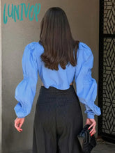 Lunivop Solid Color Shirts For Women French Fashion Lapel Collar Puff Sleeve Cropped Blouses Female
